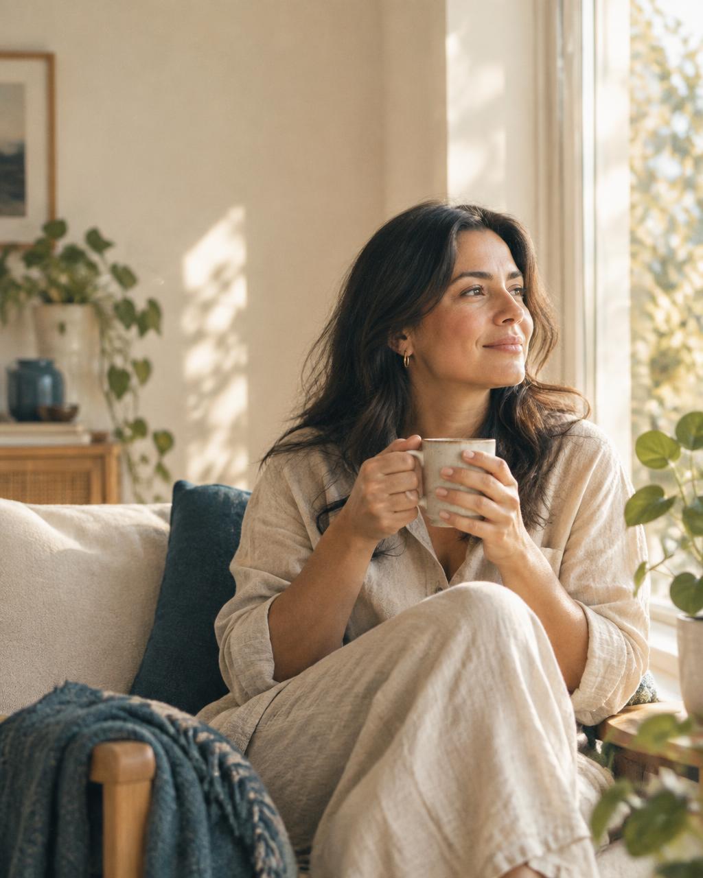 Mujer adulta junto a una ventana luminosa, sosteniendo una taza y mirando con calma